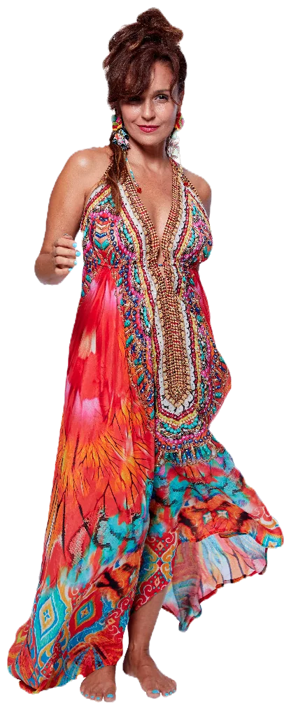 Vanessa Falabella in a colorful flowing dress